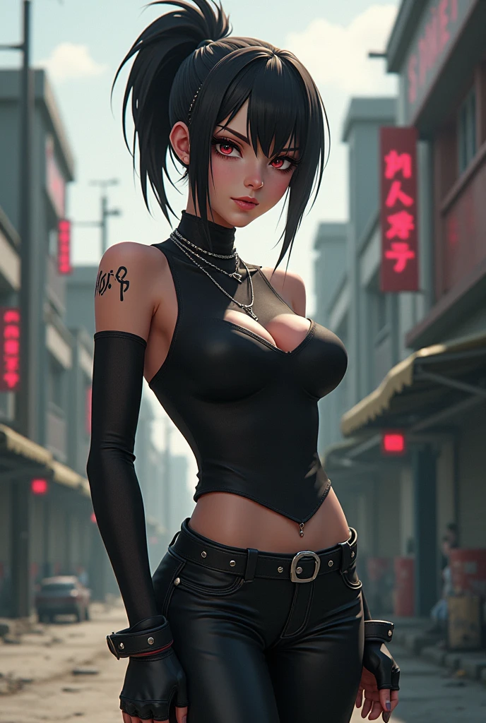 big breasts,1Adult goth girl, Alone, expressive eyes ((black hair: 1.4, red tips, multicolored bob hair, choker)), Double eyelids, light effect on eyes, brown eyes, adult woman, milf, (Black top, pleated skirt, fishnet stockings) confident face, sfm, eyebrow piercing, ear piercing, navel, teasing, hanging breasts, ((artwork, 16K, realistic, shadow and light on skin)) make up, dark black lipstick, makeup gothic, on the balcony, it's dark night, tattoo on arms, open waist, (perfect symmetrical body)