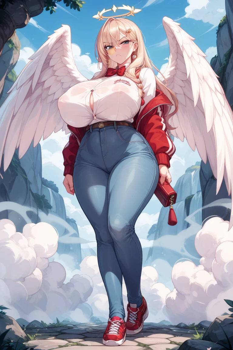 {{full body}},{1girl},{{sitting}},wariza,looking down,from below,{upskirt},dynamic angle, dynamic cut,naughty smile,macrophilia,{white wings},{angel},{{very muscular}},{{hyper muscle}},{very curvy},{very big woman},{very gigantic woman},{very strong woman},{very tall woman},{very long legs},{very gigantic breasts},{very big breasts},{two side up},{very grown-up body},{adult woman},blonde hair,barefoot,cute dress shirt frills ribbon split corset skirt,best quality,masterpiece,white background,