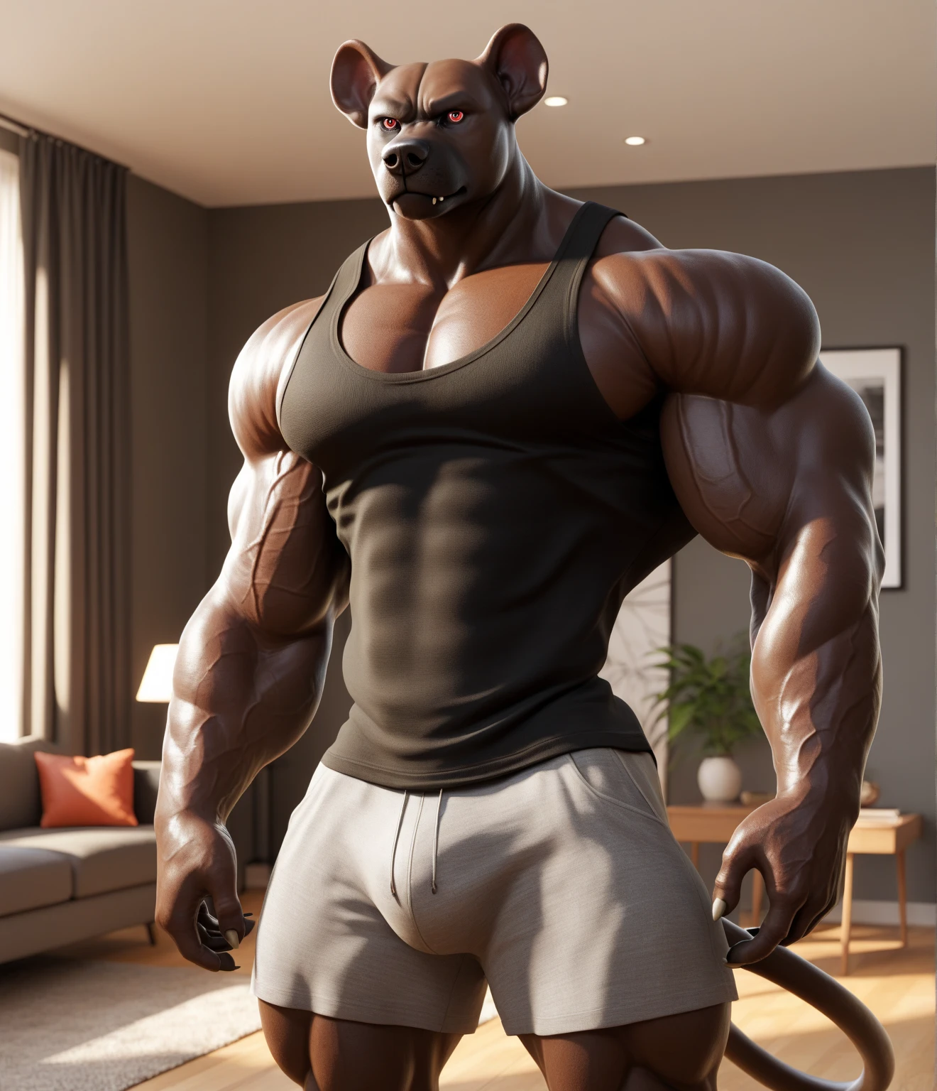 solo, anthro (cane Corso, pit Bull), full ears, body, white belly, detailed eyes, team t-shirt, Gym,: 1.6, sweat, heavy breathing: 1.5, correct hand, correct anatomy, biceps, (muscular) veins by the body little volume of the private parts (thick fabric black shorts, Earphone 1.2, Gym background, 8k hd, dark shadows.