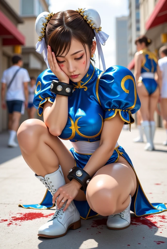 (best quality), (masterpiece, realistic), high res, all detailed, perfect anatomy, Chun-Li, long brown hair, single bun, bun cover, Blue qipao, puffy sleeves, sash, spiked bracelet, pantyhose, white long boots, medium cleavage, (injury skin, scar skin, bleeding skin, torn clothes:1.2), cloth pieces, BREAK NSFW, solo, 1girl, ass focus, (kneeling, from behind, looking back:1.19), (embarrassed, crying, tears:1.18), sigh, blush, sweat, saliva trail, (outdoors, street, stone flooring), cinematic lighting, diffraction spikes, zettai ryouiki, three quarter view