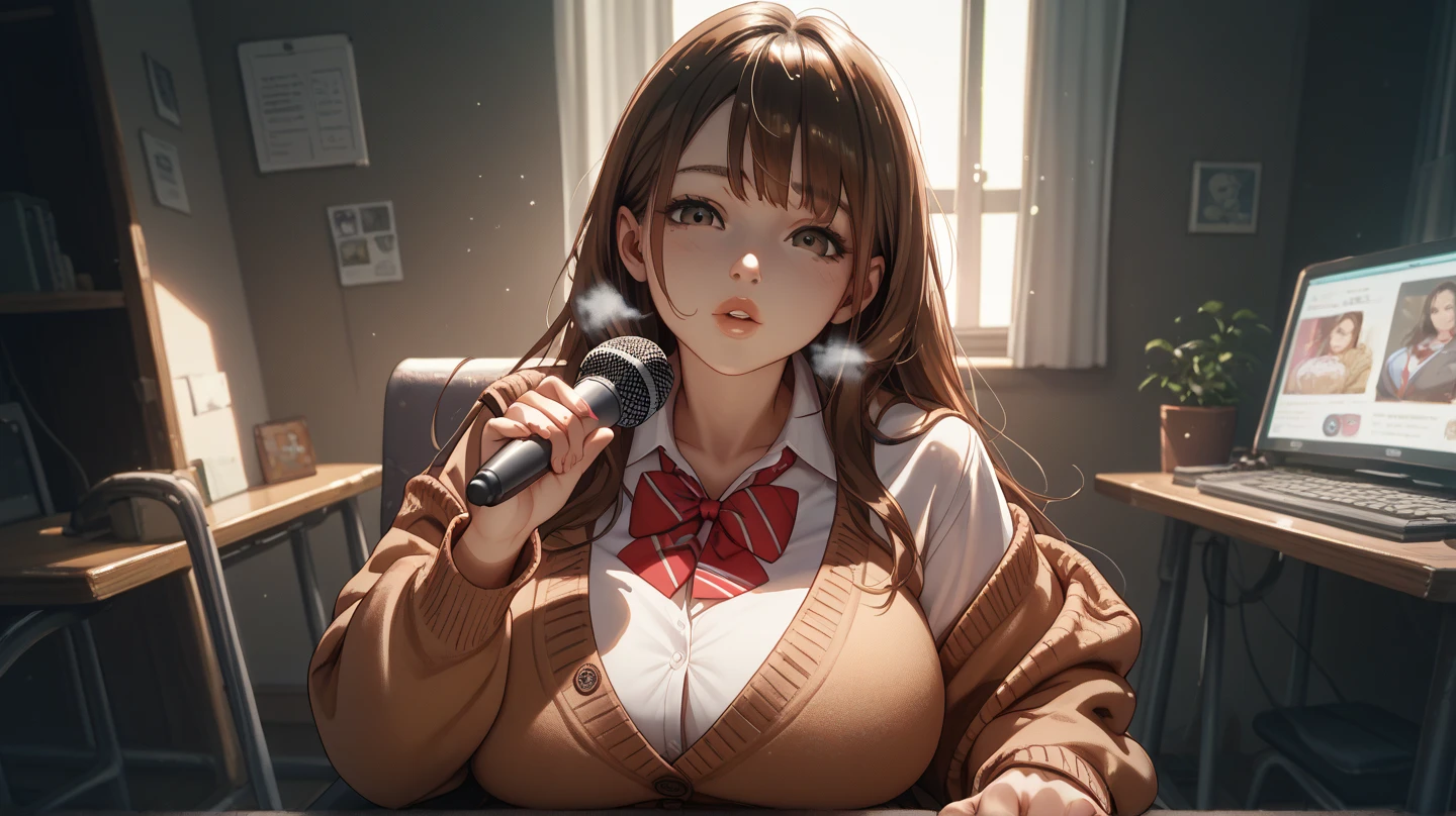 Browsing Caution,(Highest quality, 8k, masterpiece:1.3,beautiful girl), ((Karaoke Box))((Sitting in a chair,Hold the microphone with both hands)),(Very detailed)Glowing Skin,(((Long Hair,blonde,Beautiful Hair))),(Perfect Anatomy, Anatomically correct, Very detailed肌),((Golden Eyes)),((Perfect Fingers,Five Fingers)),((Light blue collared shirt, Navy pleated mini skirt, socks, Navy tie, Light brown cardigan, White knee socks)),Pink Panties, Knee-high socks,Knee-high socks on both feet,Double teeth,Big Breasts,Big Ass,look up,A slightly higher angle, Focus Only,Very smiling,Sing with a microphone,sweating