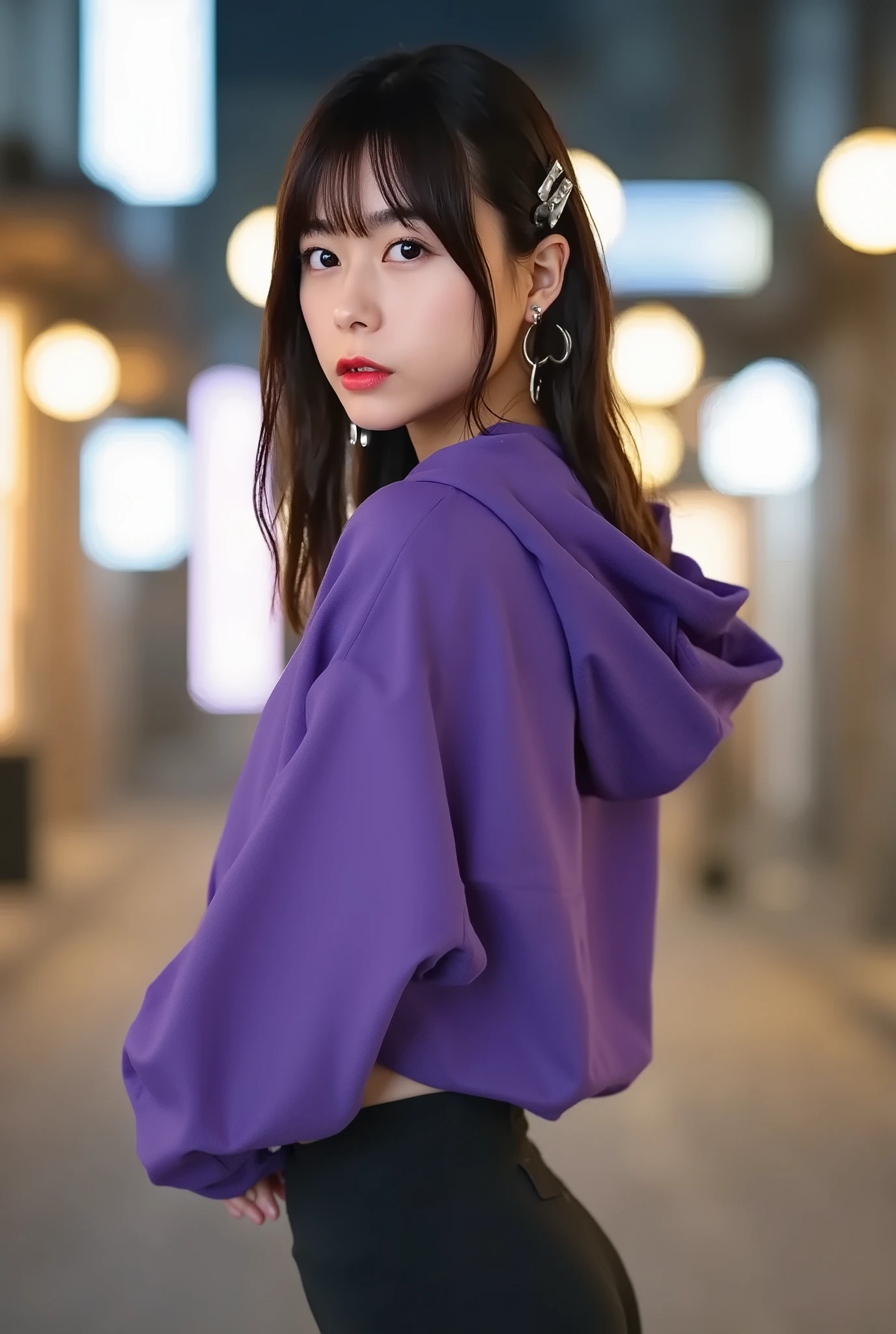 A slim,a full body photo of a extremely beautiful In0r1 with dark eyes, red lipstick, wearing black yoga pants, sticking out her butt,hands on waist,purple hoodie, with her toned abdomen and thighs, thin waist, slim body. She stands in front of a japanese street,long hair, straight hair, night lights,from behind, looking at camera, nice ass,