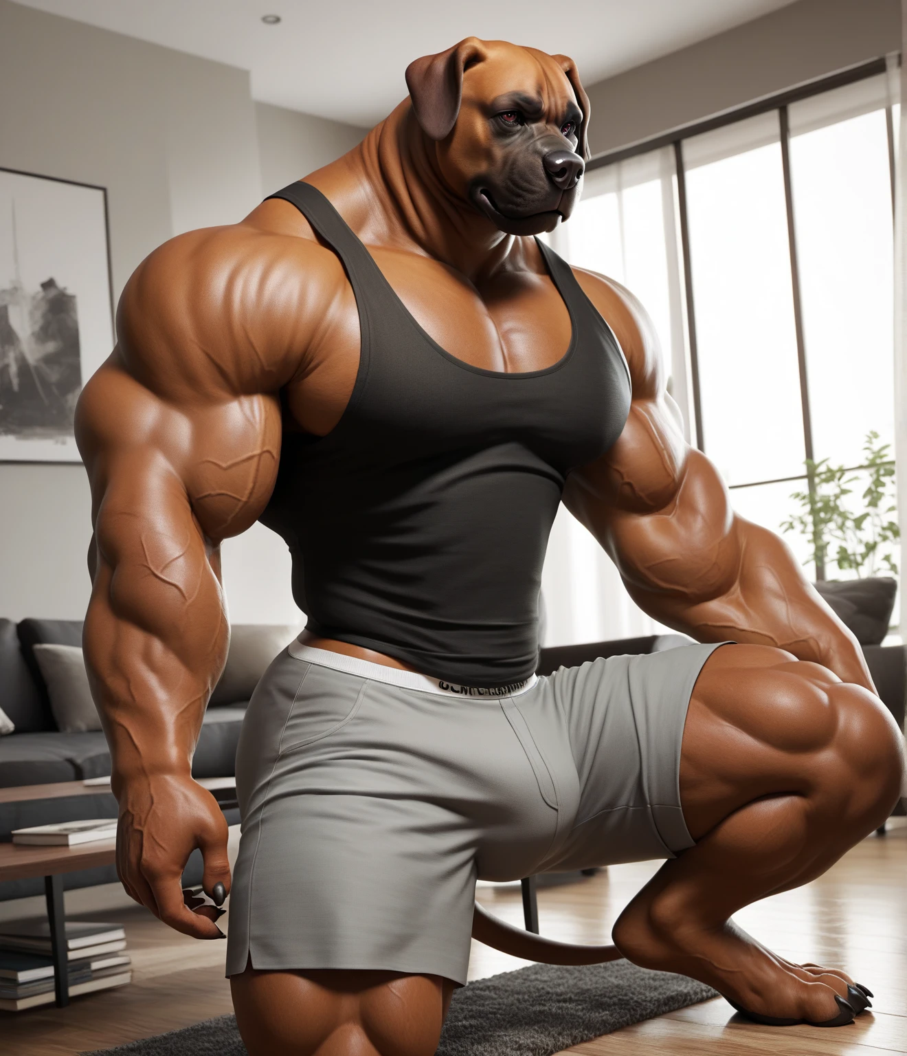 Furry, Anthro, Komodo dragon, Male, Standing, (muscular body), Wearing ((orange)) swim shorts, (((looking at viewer, arms behind head, smug)), ((((massive muscular arms, top-down view)))), Plain background, Front view, Brown Skin, by buta99, by meesh, realistic