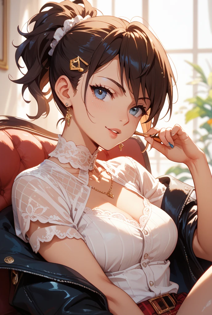 ((masterpiece, Highest quality)),Best aesthetics,One Girl, A luxury resort hotel with a view of the summer sky from the window Sitting sensually on a hotel chair Bright room Bright summer hotel room beach view from the window Graceful pose Lewd face Graceful pose Captivating look A look of contempt A look of contempt Sexy Body Clear Eyes Round eyes office lady Japanese women Manga illustration Beautiful and firm breasts Beautiful E Cup Breasts the body is slim Highest quality 4K Chignon Hairstyle Hair tied up Medium Long Hair Dark Brown Brand hair ornaments necklace 黒いHigh heels Seductive pose garter belt Earrings Sexy see-through white floral lace bra,White see-through thong with obscene embroidery Sensual beige stockings with floral print (Attractive 30 year old Japanese widow,)High heels flashy necklace Fine details Beautiful anime illustrations Beautiful Face alone High resolution, One Girl, Highest quality, Attention to detail, Slightly parted lips Seductive red lips Professional, Vibrant colors, Perfect Anatomy, ideal facial features, Ideal Professional Portion Diagram, Perfectly beautiful body, Highly detailed skin, Glowing Skin, Glowing Skin, Cleavage, Captivating smile)),Miss Soapland Mature hot body Sitting in a luxurious chair Sparkle Effect, Anime Style, photograph, Attractive nail art A sophisticated gravure idol Young Sensual Gravure Idol Gorgeous Japanese Model