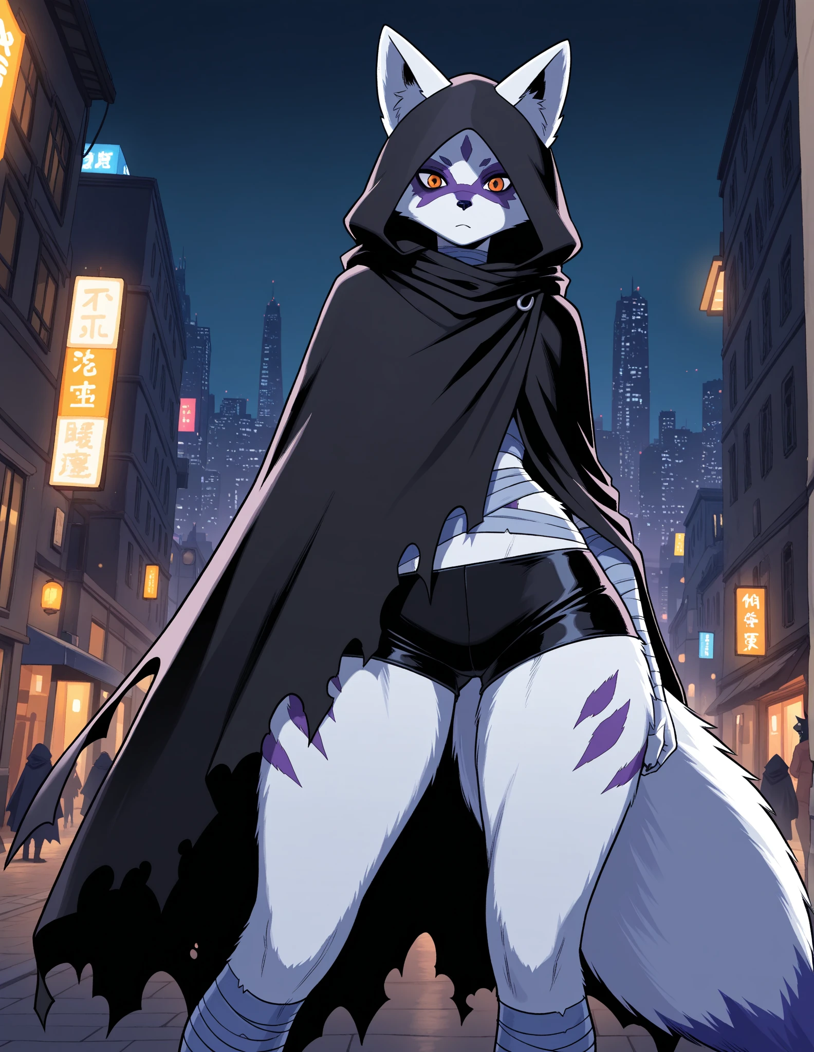 Alopex, arcticfox, tmnt, smile, orange eyes, girl1, solo, snow, black cloak, cape, tail, black shorts