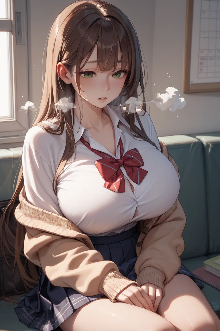 colegiala, uniforme_escolar, big_boobies, felicidad!, sonrisa, ojos_cerrados, obra maestra, in a classroom, 1 girl in, cara linda, ojos lindos, Reading a math book ((Texto "3k me gusta")) arriba en la imagen, ojos brillantes pupilas circulares.