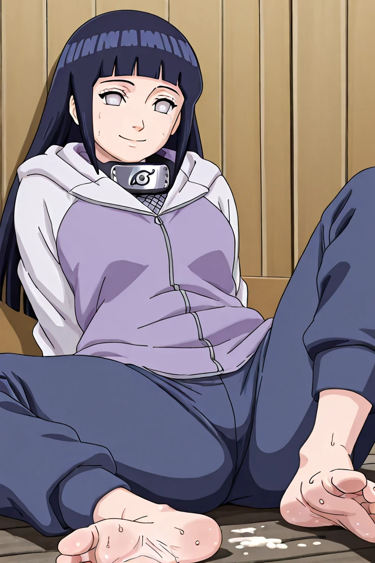 Hinata Hyuga, sitting on chair, spreading legs wide open, feet up