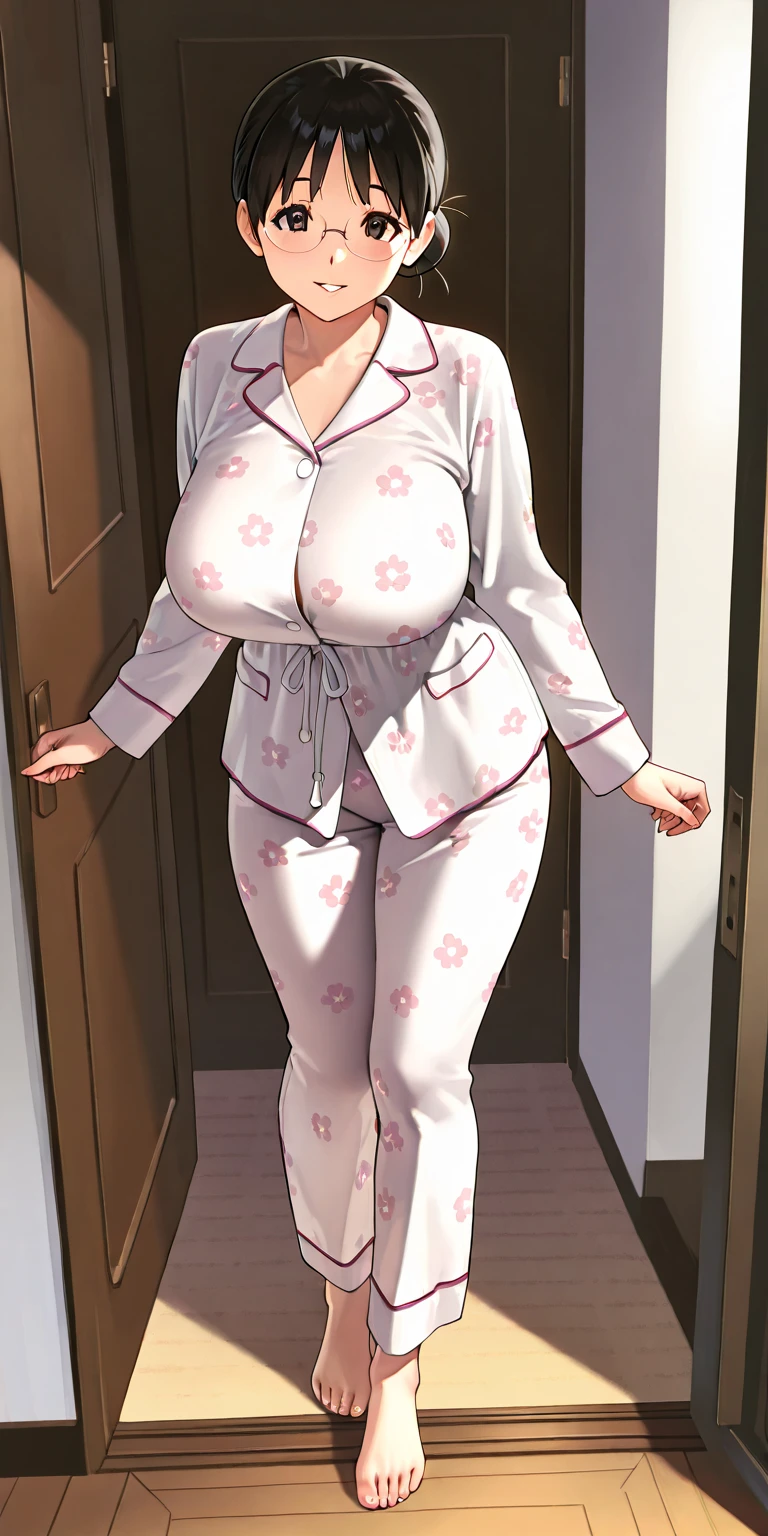 (high resolution), the digital cartoon female standing, 1girl, woman, mature female, house wife, 40 years old, curvy, breasts, smile, (pajamas:1.5), gigantic breasts, solo, brown hair, ponytail, blunt bangs, brown eyes, looking at viewer, bedroom,