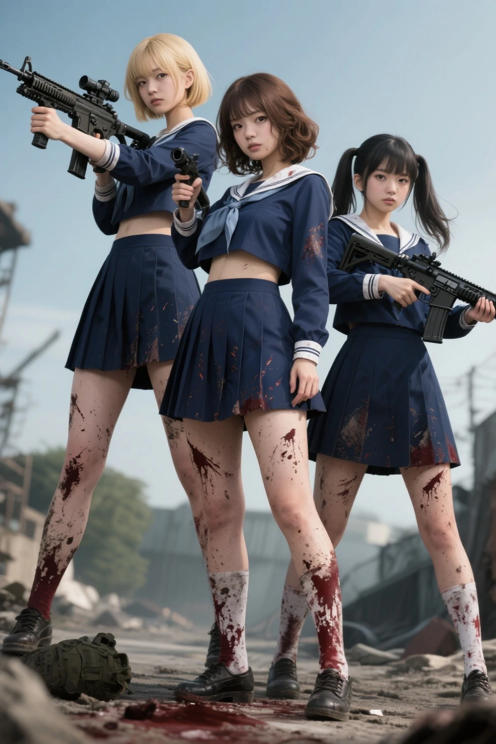 (((SFW, NSFW STILL SHOW, 12 Tiny Girls in a row:1.2, Shibuya Hachiko-mae scramble crossing on Halloween:1.2))), ((masterpiece:1.2, best quality, photorealistic:1.37)), { (Standing Full Body:1.2)|(from below:1.2) }, { bandaged full body | Cut-off Sailor Uniform }, { bandaged head | bandaged limbs | (( bleeding from pussy )) }, {((naked bandage))|metallic red nipple stickers}, {(bloody)|blood paste|(Blood-stained bandages| bloody inner thighs)}, ((Detailed KAWAII face, Detailed glistening ivory skin)), {Bustling street|Crossroads|(Passerby schoolgirls)| halloween| neon}, {(Childish:1.2|Gigantic Cleavage:1.37|Underboob:1.2)}, {Red leather high collar| Hair ornaments |shotgun|random hair colors}, {Floating hair|Strong wind|(((Ass focus, open thighs)))| flying magic | Skirtlift}, {(Kissing face to face)|:p|:d|laugh|sparkle|joyful|delighted|Drunk},extremely Detailed,