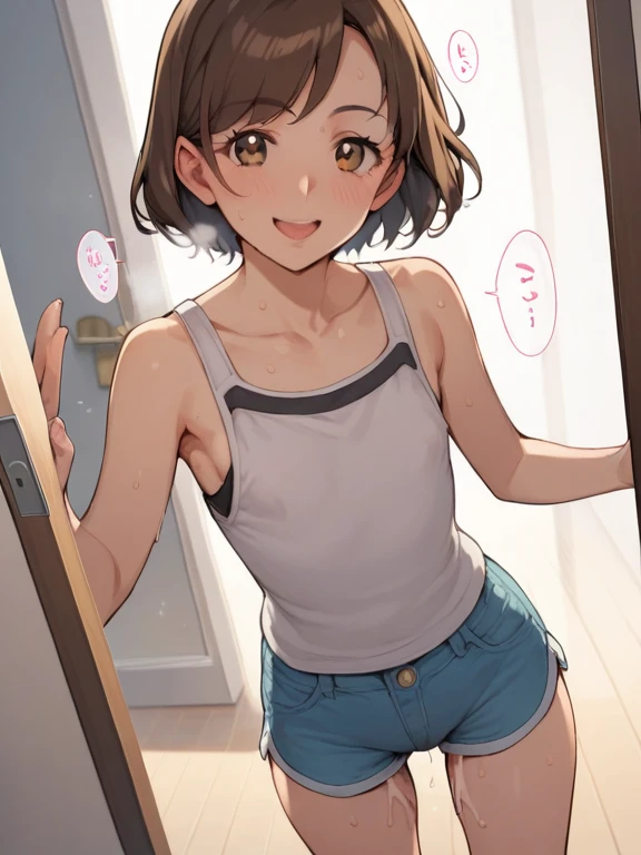 masterpiece, best quality, absurdres, my room
1girl, ,, , ,,,,looking viewer,,spoken heart,6yo,(petite),flat chest,thigh,grin,camisole,denim shorts,black thighhighs