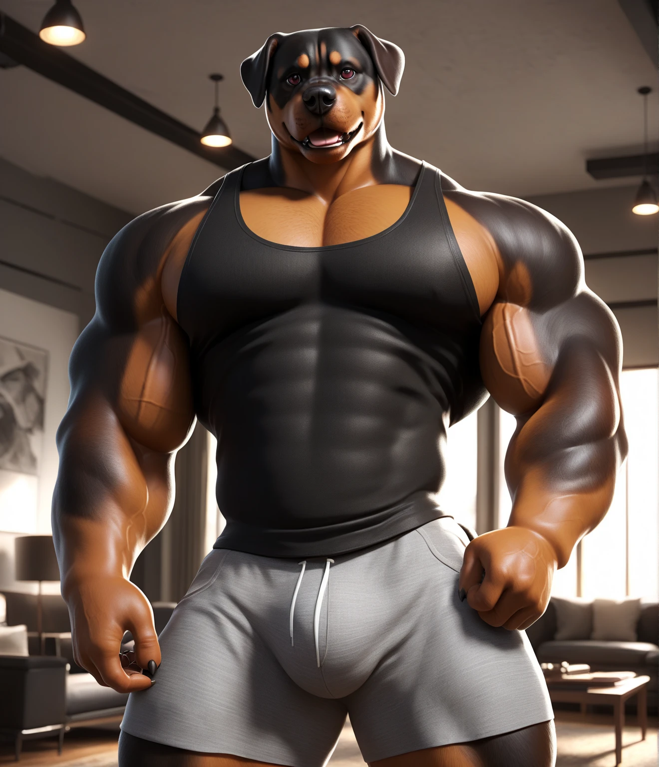 solo, anthro (cane Corso, pit Bull), full ears, body, white belly, detailed eyes, team t-shirt, Gym,: 1.6, sweat, heavy breathing: 1.5, correct hand, correct anatomy, biceps, (muscular) veins by the body little volume of the private parts (thick fabric black shorts, Earphone 1.2, Gym background, 8k hd, dark shadows.