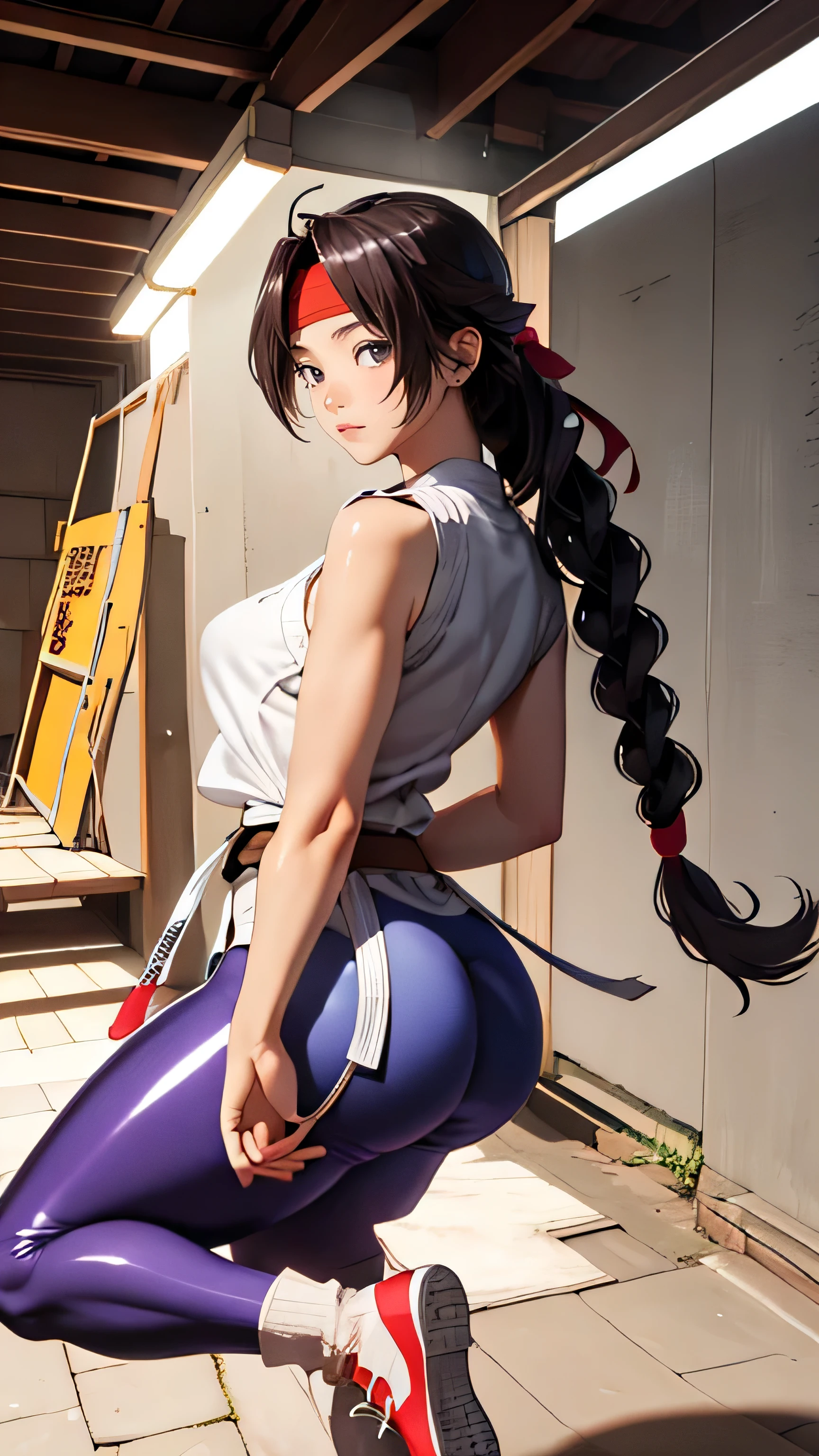 (masterpiece, Highest Quality, High Definition , 8K Wallpaper, Highly Detailed CG:1), High Definition headband, ,shiny thighhighsocs, butt under pants,rear view、big butt、 sexy、、 (smug:1.5),Big breasts ,(shiny skin:1.5),Karate,Shoes. energy attack,