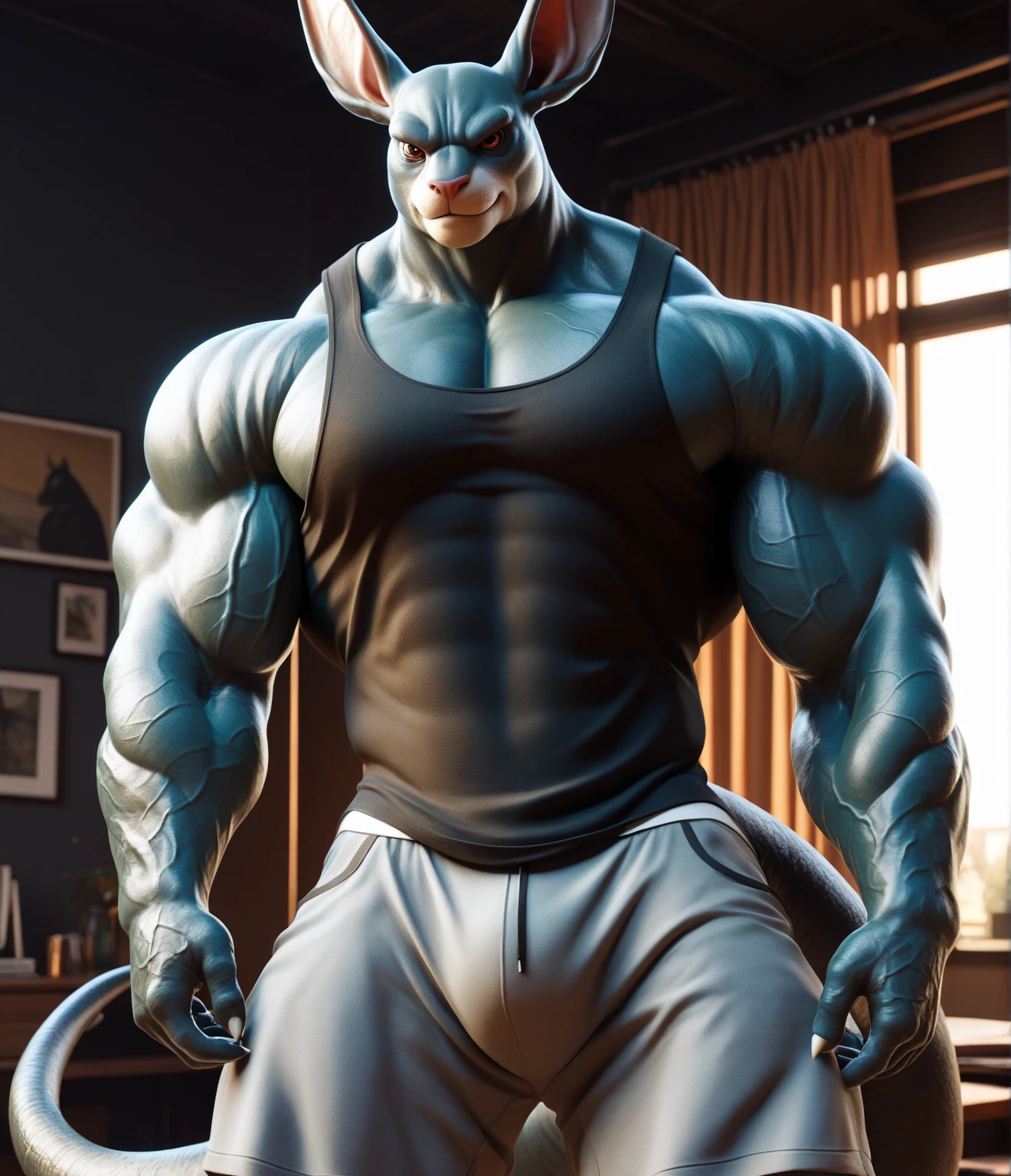 furry growth, hyper growth, hyper muscles,, a rat, cute, blue rat, shirtless, blue shorts, muscular, on a black background,