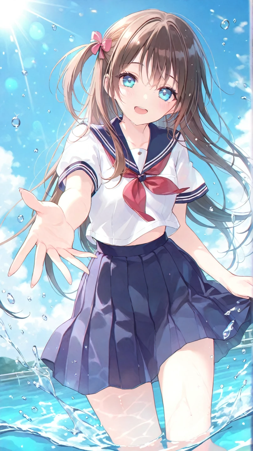 (See-through:1.3),white serafuku,sailor dress, White theme,School uniform, Sailor Suit, Looking at Viewer,  Maniacal, messy long hair, Beautiful detailed eyes,Hair glows,Dramatic Angle,blue sailor collar, perky breast,lightsmile,partially underwater shots...