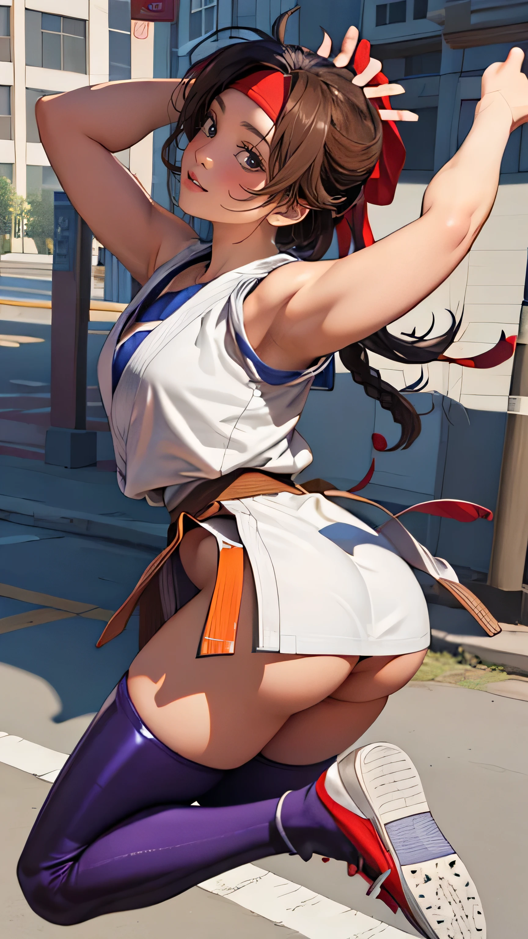 ((masterpiece:1.2, best quality)), yuri sakazaki, 1girl, braided ponytail, long hair, brown hair, brown eyes, (red headband:1.2), (white dogi:1.2), Blue tank top, bare arms, Yellow black fingerless gloves, blue panties, karate, medium breasts, cleavage, Blue thigh socks, looking at viewer, sweating, tired, arm over head, sweat, hot, blush, awe, 🥺, 😮, ((🥵🥵:1.2)), straight, standing, mature, dojo