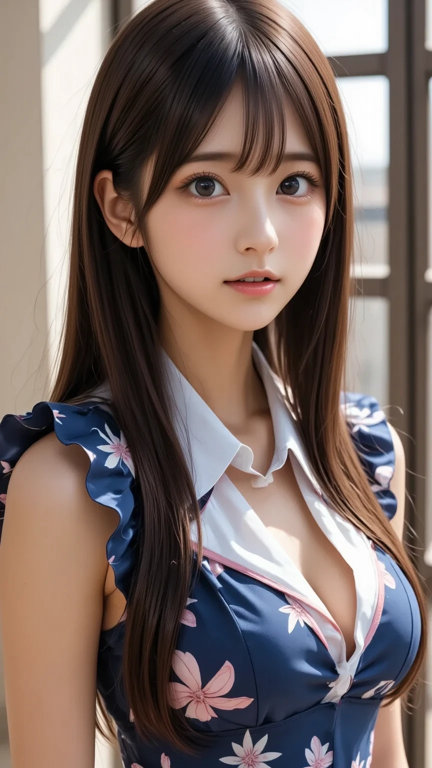 (1 nogizaka girl,16yo,teenager,raw photo,photo realistic:1.5),(best quality, high quality,HDR, highest quality,ultra high resolution,high resolution,high res,ultra high difinition,huge file size,8K,2K wallpaper,8K wallpaper,high quality texture,amazing,an extremely delicate:1.4),one girl, Japanese famous idol,beautiful face,small face,absurd,ridiculous,incredibly ridiculous,portrait,breasts close up,blurry background,(school uniform,natural makeup:1.3),medium skin,beautiful skin,small head,black hair,silky hair,(Japanese eyes:1.3),black eyes,small eyes,cute eyes,Japanese nose,(cleavage,huge breasts:1.2),(Light Particles, Lens Flare, Luminous Particles: 0.7),looking at viewer,bright lighting,professional lighting,girl