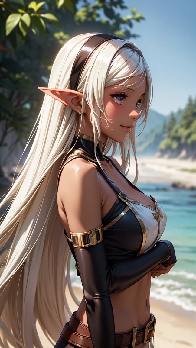 (((masterpiece))), Highest quality, Depicting a group of beautiful female elves、Highly detailed gouache style painting portrait, Smooth Shadows, Ultra-realistic textures, 8K, Highest quality, Characteristics of realistic manga, Stylized illustration, Smooth Shadows, Correct Anatomy, chromatic aberration, Neon Highlights, Global Warming Light, Dynamic pose, Expressive　A dark-skinned woman with silver hair in a ponytail is making an omelet rice., Wearing a black dress shirt and slim jeans,　　Showing your belly button