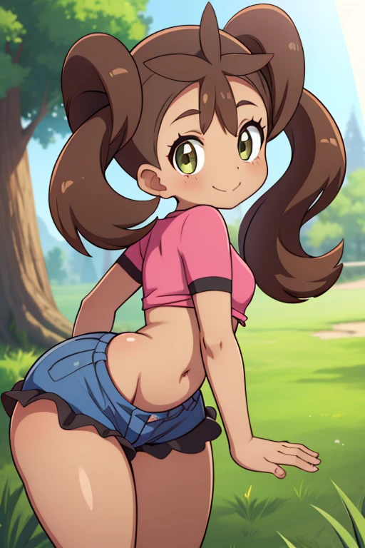 masutepiece, Best Quality, hight resolution, 1girl in, hilda \(A pokémon\),Solo, Shorts, poneyTail, Midriff, Navel, Short hair, denim, Denim shorts, Cowboy Shot, Outdoors, Small breasts, Externally expanded Chest, ((((On all fours)))), ((downbrouse))、Look at viewers、Show your teeth and smile