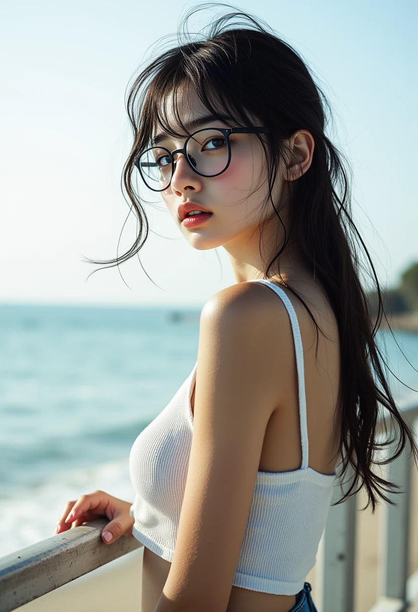 (masterpiece, best quality, 8k wallpaper, high resolution, ultra-realistic) One woman, Japanese girl, 18 years old, long hair, sunglasses, long red scarf around neck, (masterpiece: 1.2, best quality), (realistic, photorealistic: 1.4), (masterpiece, best quality), staring at you, navy blue school swimsuit, cleavage, D cup, sexy pose, dynamic angle, full body, best proportions, white skin, black hair, looking forward, smiling, 1970s sunglasses, background is light