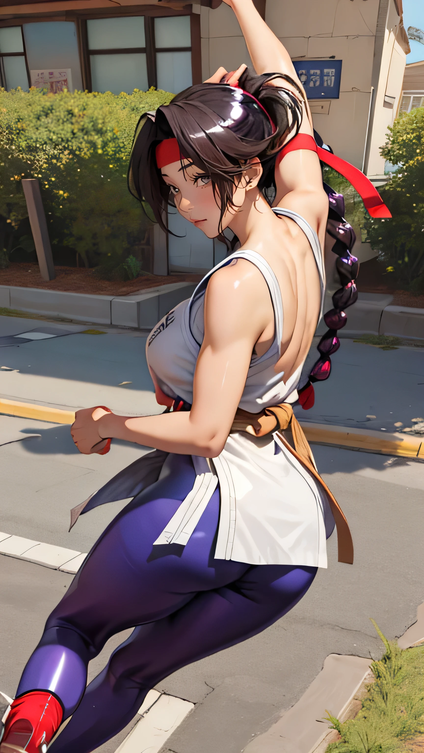 (masterpiece, Highest Quality, High Definition , 8K Wallpaper, Highly Detailed CG:1), High Definition headband, ,shiny thighhighsocs, butt under pants,rear view、big butt、 sexy、、 (grin:1.5),Big breasts ,(shiny skin:1.5),Karate,Shoes.aura attack,
