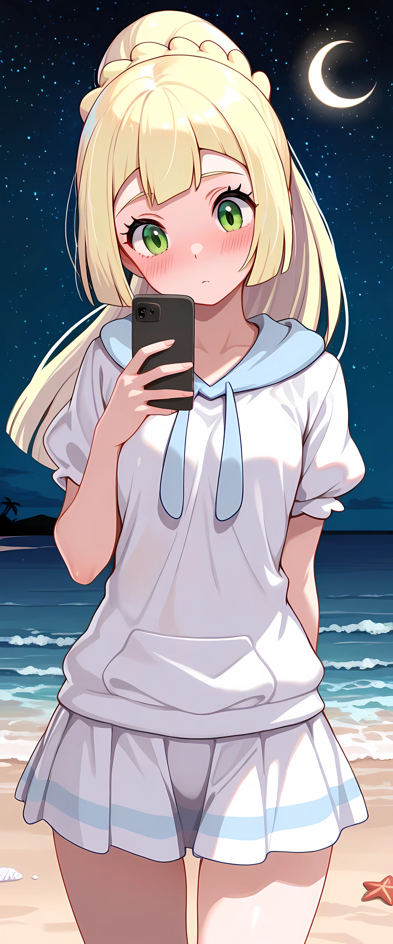 masterpiece, best quality,1girl,solo,lillie_(pokemon),solo,beach,seashore,night,crescent moon,starry sky,phone,head tilt,blush,looking at phone,cowboy shot