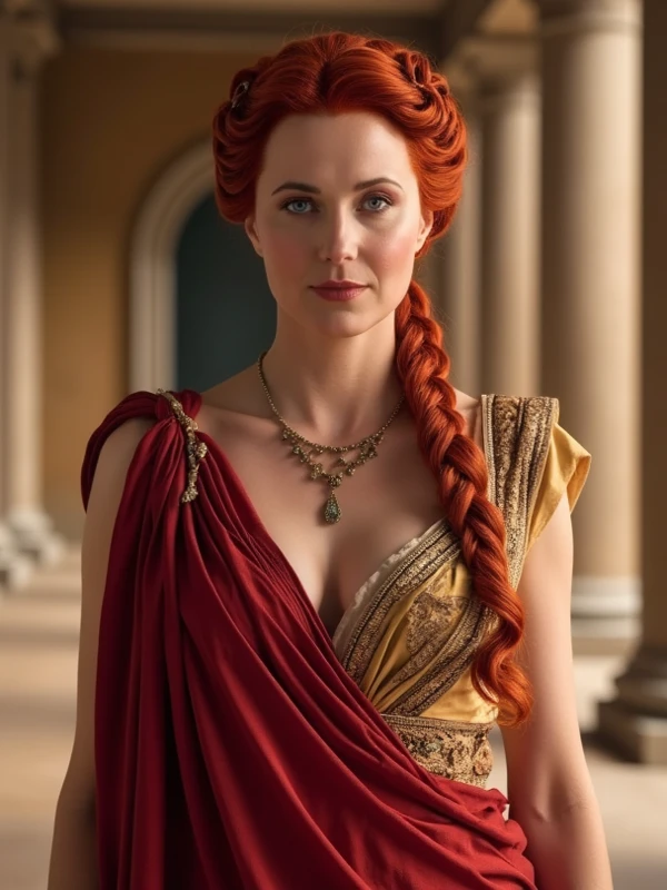 uma mulher com cabelo vermelho usando um vestido verde, Tumblr, 0 0 0 a.C., usando corrente de ouro, cinematic close shot, peito lateral, vestindo roupas vermelhas, 480p, com cabelos ruivos cacheados, Scarlett Hooft, Deusa grega idosa, gorgeous female, clivagem, 4 8 0 p, muito perto - tiro acima, usando roupas lindas, vestindo trajes vermelhos