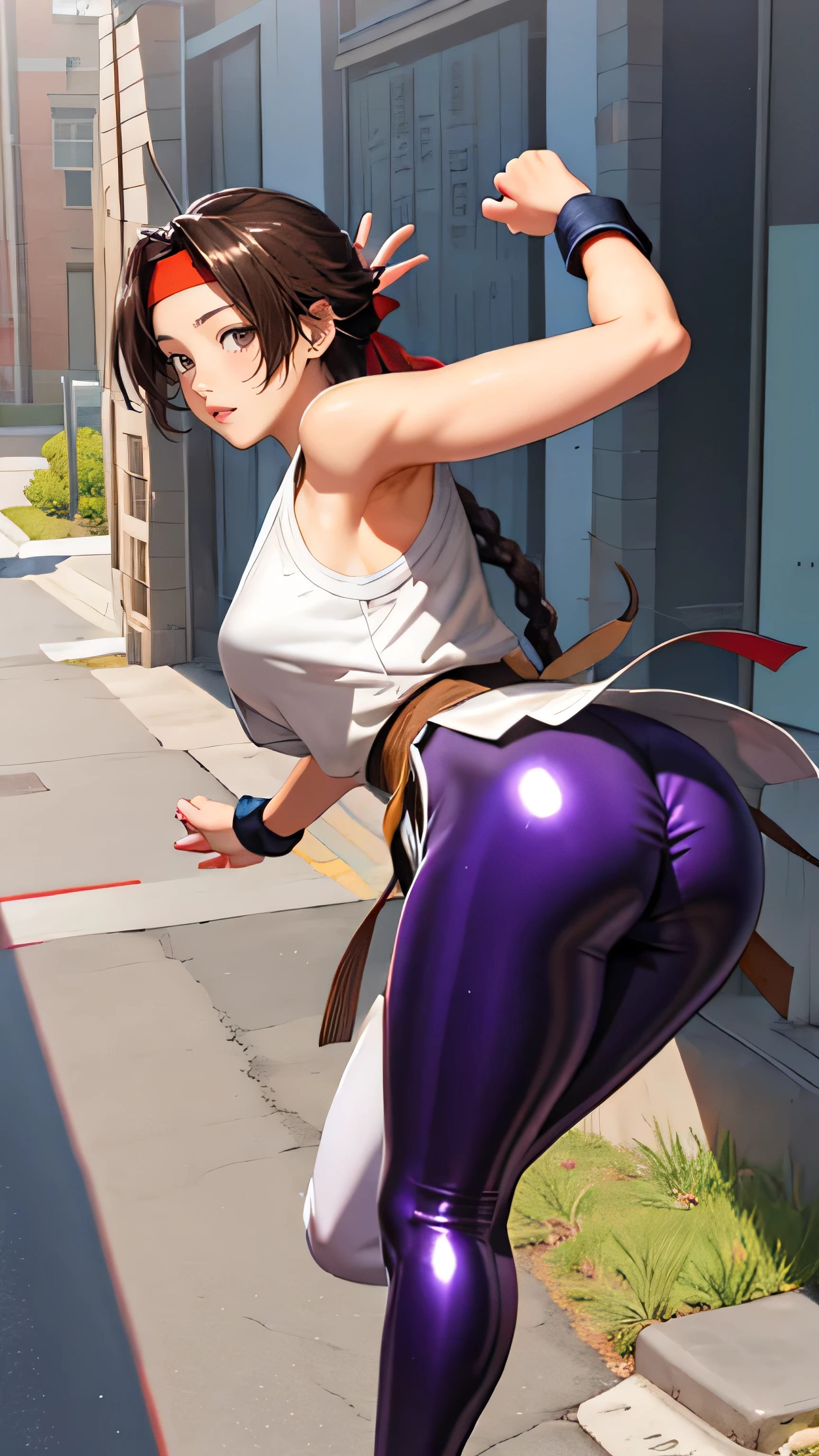 (masterpiece, Highest Quality, High Definition , 8K Wallpaper, Highly Detailed CG:1), High Definition headband, ,shiny thighhighsocs, butt under pants,rear view、big butt、 sexy、、 (smirk:1.5),Big breasts ,(shiny skin:1.5),Karate,Shoes.aura attack,