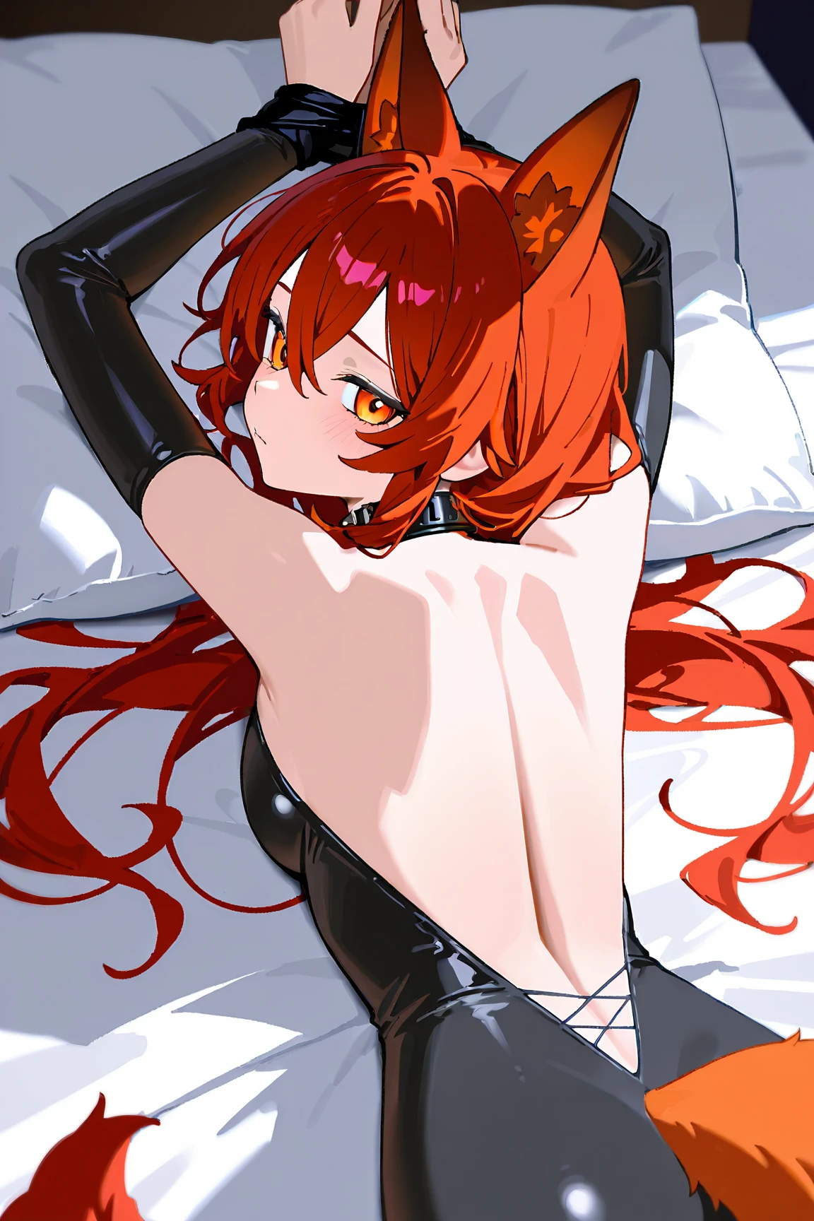 annytf, 1girl, dakimakura, ass focus, on stomach, bed sheets, big ass, bat wings, latex, blush, red eyes, vibrant red hair, clothing cutout, vampire girl, hair ornament, heart cutout, long hair, looking at viewer, big breasts, one side up, parted lips, smile, solo, heart (symbol), heart hair ornament, virtual youtuber