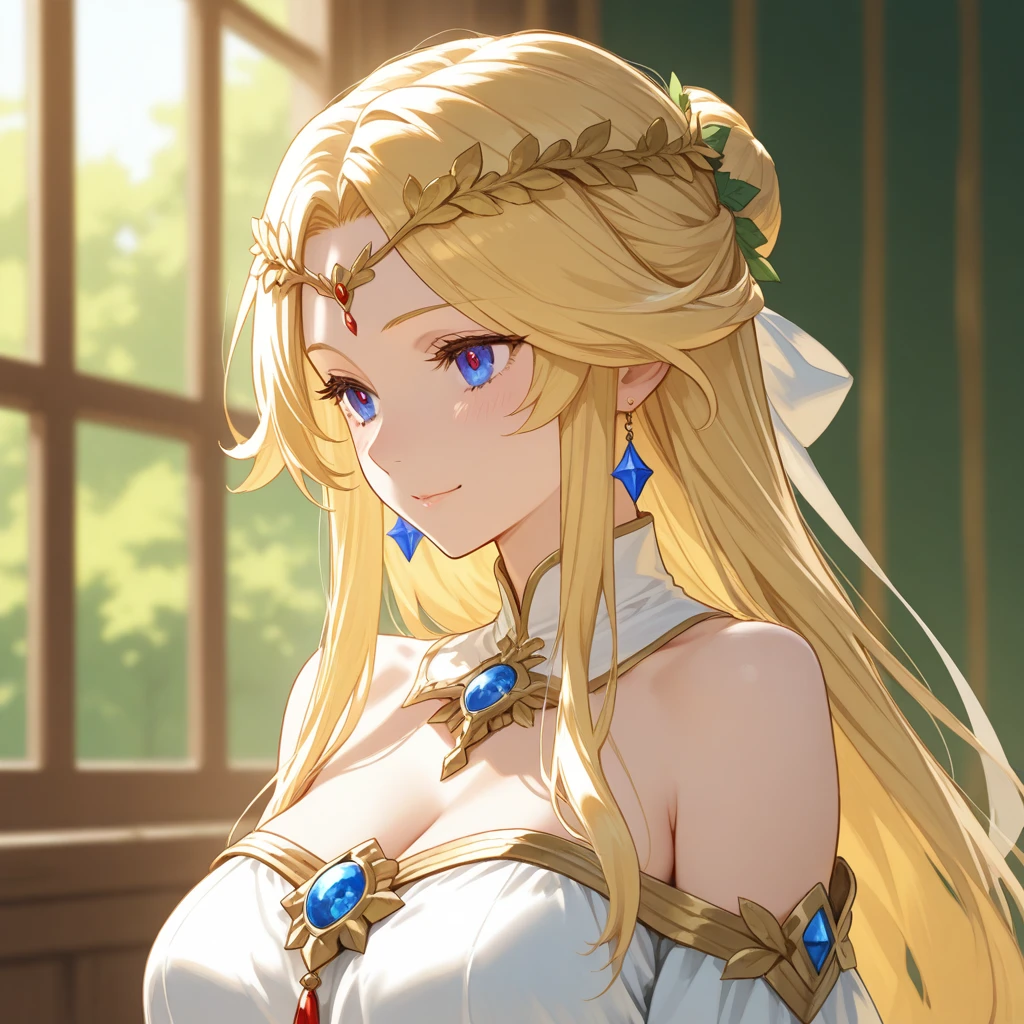 tall girl, blonde hair, maintain hairstyle, clear blue eyes, clean face, no distortions, shiny skin, shiny face, HDR quality image, add relevant details, looking at the viewer, wearing her original dress, standing outdoors, cowboy shot