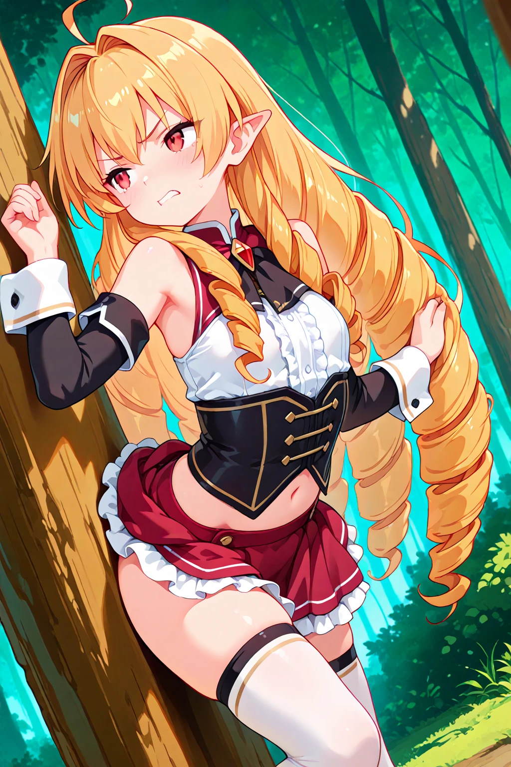 (MASTERPIECE), (Best Quality), (Ultra Detail), (Best Anatomy), Official Art, One Girl, Light-Colored Haired Loli, Petite Little Girl, Magical Girl, See-Through Witch Costume, Small, Cleavage, Off Shoulder, Underboob, Side Boob, Thigh Focus, Navel Out, Hands Behind Body, Chest Stretched, Card Illustration, Deep Forest Fountain