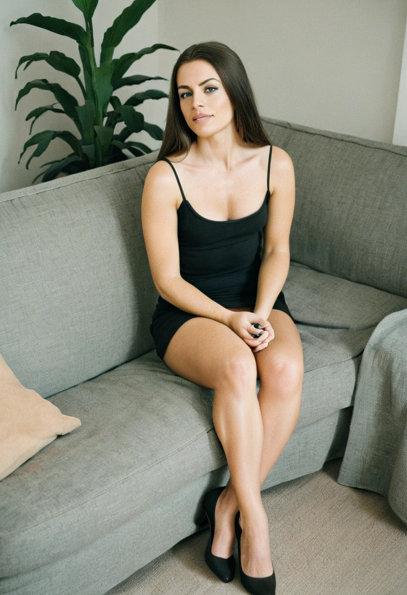 Photo of a 48 year old woman, provocative, in cotton underwear, sitting (dark private studio, old furniture, dark and dim light),
