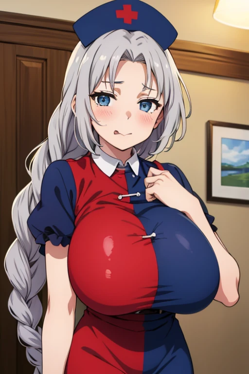 1990s \(style\), masterpiece, best quality, high resolution, official art, 2D, anime cels, best quality, high resolution, indoors, yagokoro_eirin, nurse cap, long hair, braid, blue eyes, white hair, multicolored clothes, multicolored dress, short sleeves, (gigantic breasts:1.4), blush,embarrassed, (looking away), upper body
