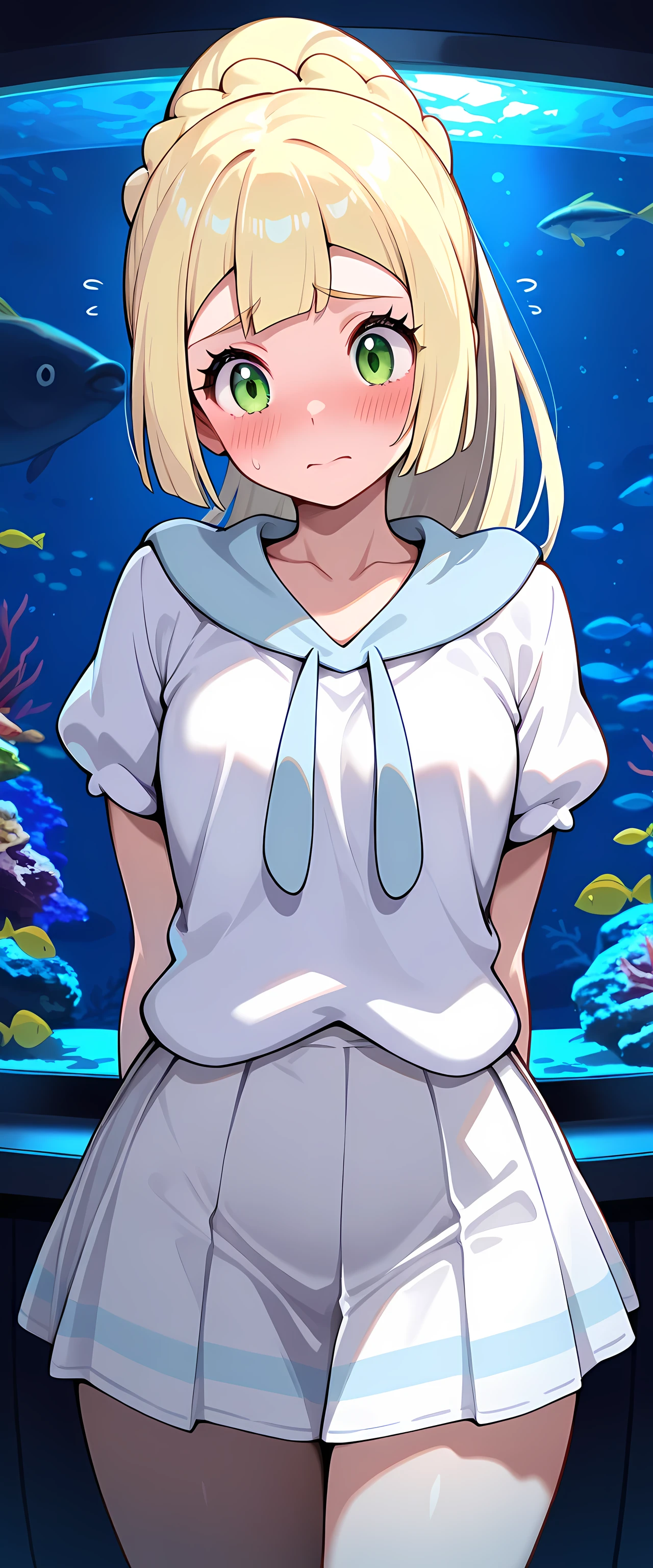 masterpiece, best quality,1girl,solo,lillie_(pokemon),solo,dark room,aquarium,fish tanks,worried,blush,looking around,from back,cowboy shot