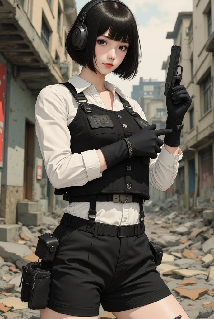 (Masterpiece), Best quality, Expressive eyes, Perfect face,
1girll, Solo, mitts, Hat, talkie, load_bearings_vest, short_Hair, bulletproof_vest, Watch, Police, black_Hair, baseball_wear cap, Gun, Realistic, Looking_at_peeping at the viewer, uniform, Pants, brown_Hair, arma, Police_uniform, Body_Armor, black_mitts, cowboy_Shot, Blindfolds,