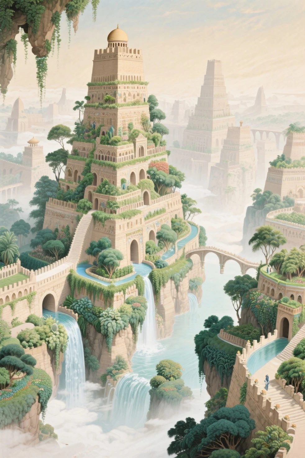 Best quality , masterpiece , chinese painting, soft light, highly detailed, the hanging gardens of Babylon.