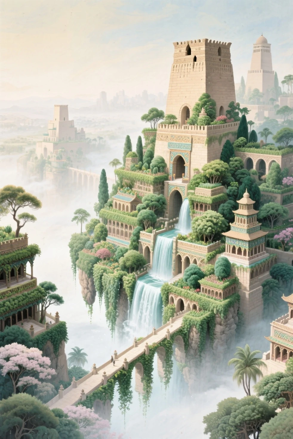 Best quality , masterpiece , chinese painting, soft light, highly detailed, the hanging gardens of Babylon.