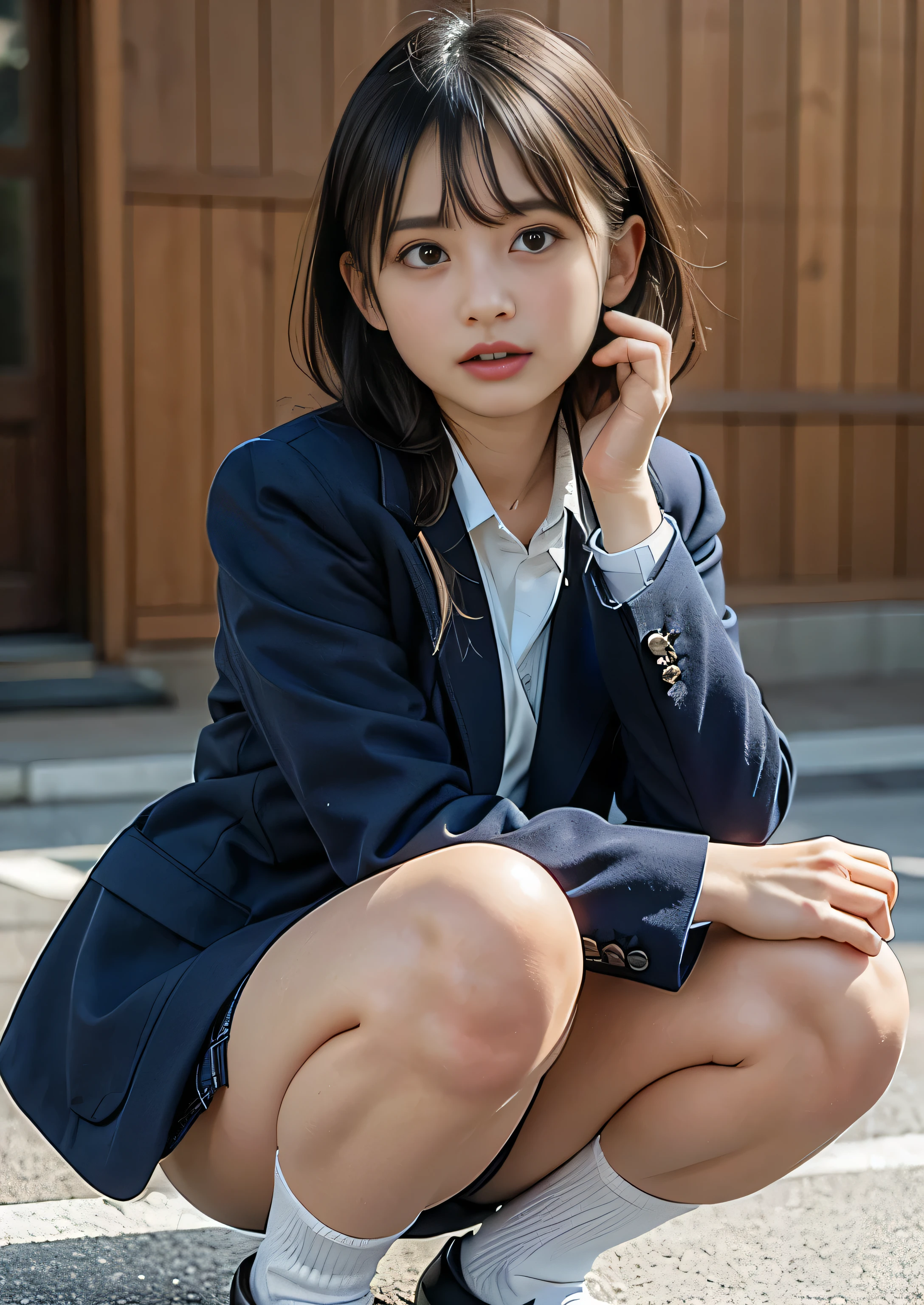 Masterpiece, bokeh, (Beautiful face), (Detailed face), (Perfect hands), (Japanese idle:1.6), (school uniform:1.3), (Crouching:1.3),( Large Bridge construction site:1.3), (Blushed face:1.3), (From below:1.5),