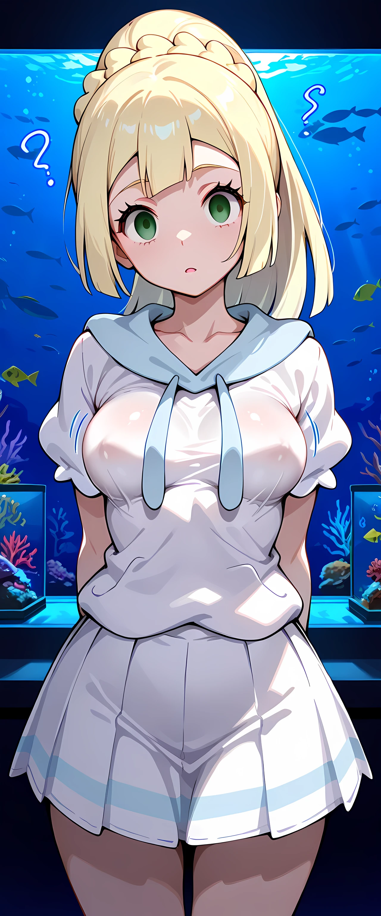 masterpiece, best quality,1girl,solo,lillie_(pokemon),solo,dark room,aquarium,fish tanks,looking at viewer,breast expansion,medium breasts,breast jiggle,hypnosis,mind control,empty eyes,empty expression,cowboy shot