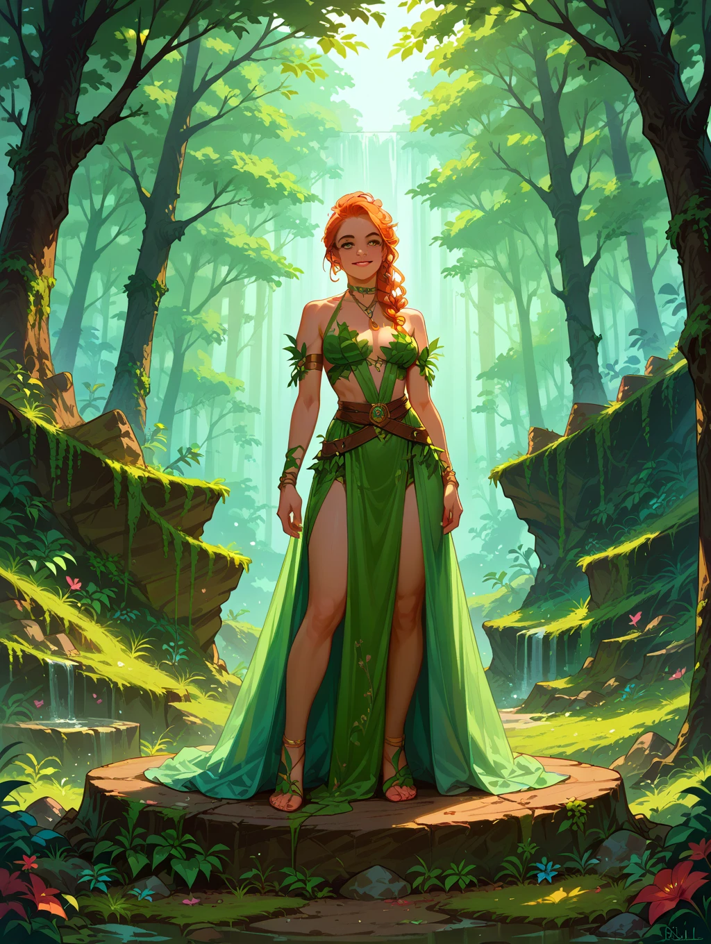  a picture of a druid in her jungle cove, an exotic, most beautiful human druid, priest of nature, warden of the wild of the jungle, full body, ((anatomically correct: 1.5)) long hair, wild hair, dynamic hair color, flowers and leaves in her hair, wearing a ((green robe: 1.3)), intricate robe, with flowers on it,  small cleavage, high boots, eyes glowing with magic, she protects her jungle grove, many old (cacao trees: 1.3), orchids trees, heliconia flowers, some wild life, a (stream of water: 1.3), fantasy art, vibrant, Ultra-high resolution, High Contrast, (masterpiece:1.5), highest quality, Best aesthetics), best details, best quality, highres, ultra wide angle, 16k, [ultra detailed], masterpiece, best quality, (extremely detailed) RAW, GlowingRunes_green DruidMagicAI