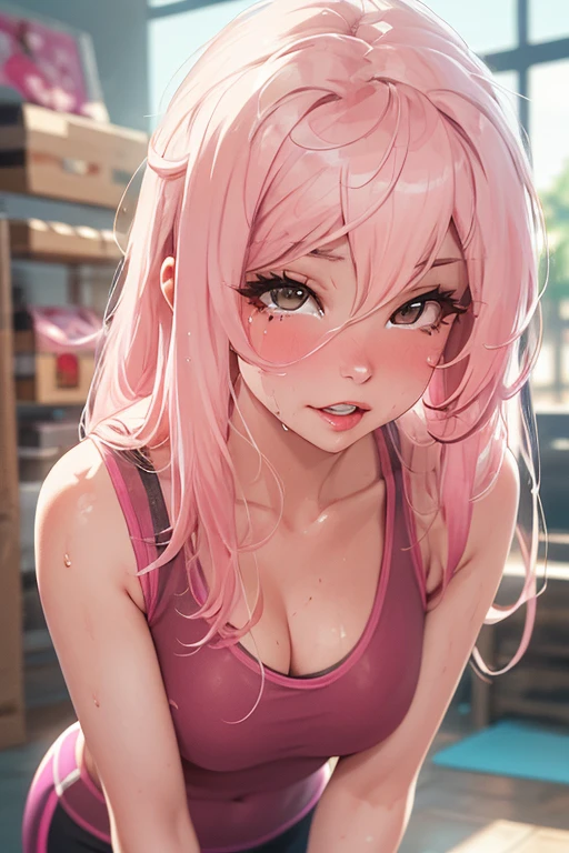 realistic, 1girl, ponytail, parted lips, blush, makeup, light smile, pink hair, sportswear, skirt, wet clothes, glow, thighs, purple eye, bare shoulders, collarbone, narrow waist, sunbeam, sunlight, rose, wind, cleavage, (masterpiece), sweat,, big breasts