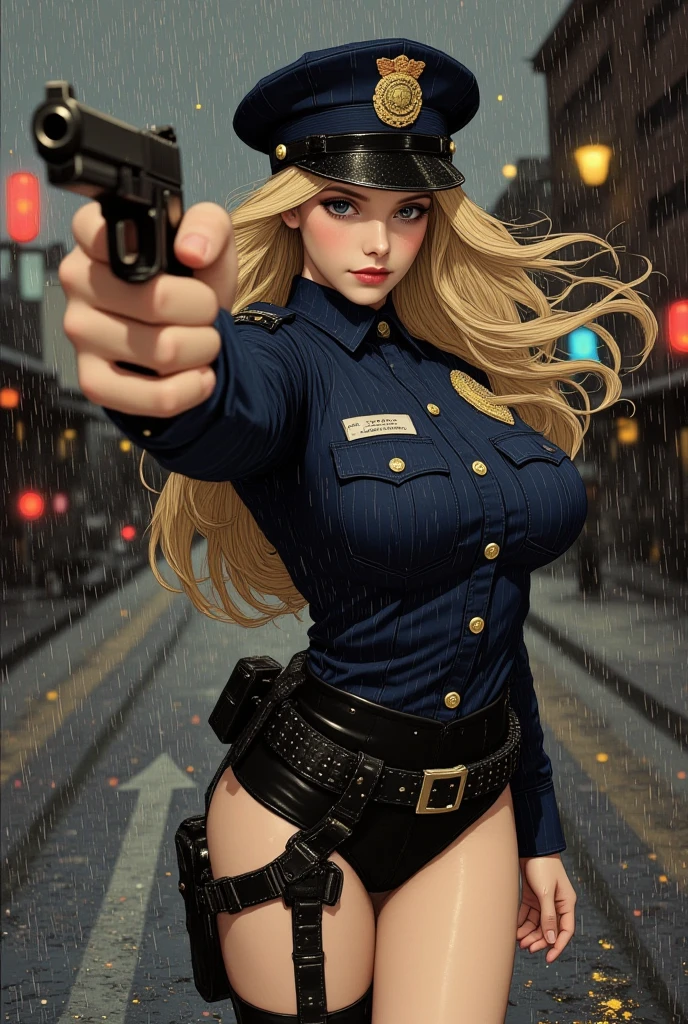(Highest quality, masterpiece),alone, (Police uniform, Female police officer), stockings,(Very delicate and beautiful face), (Beautiful eyes in every detail), City lights, (Looking at the audience: 1.3), Release your lips, Red lips, Shiny skin, Highest quality, Ultra-high resolution, (realism: 1.4),