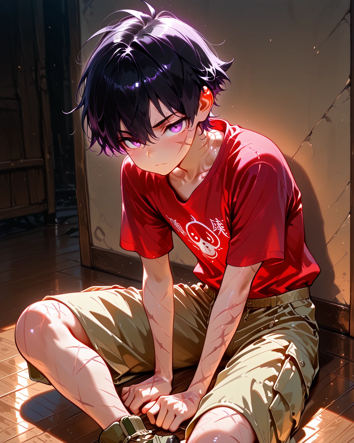 Crying Boy,Crying Boy,A terribly frightened boy,Boy's occipital head,posterior view,barechested,nudde,gargantilha,and bruises all over the body,Dirt all over the body,underground room,gargantilha,Sweating,Concrete walls,Concrete floors,