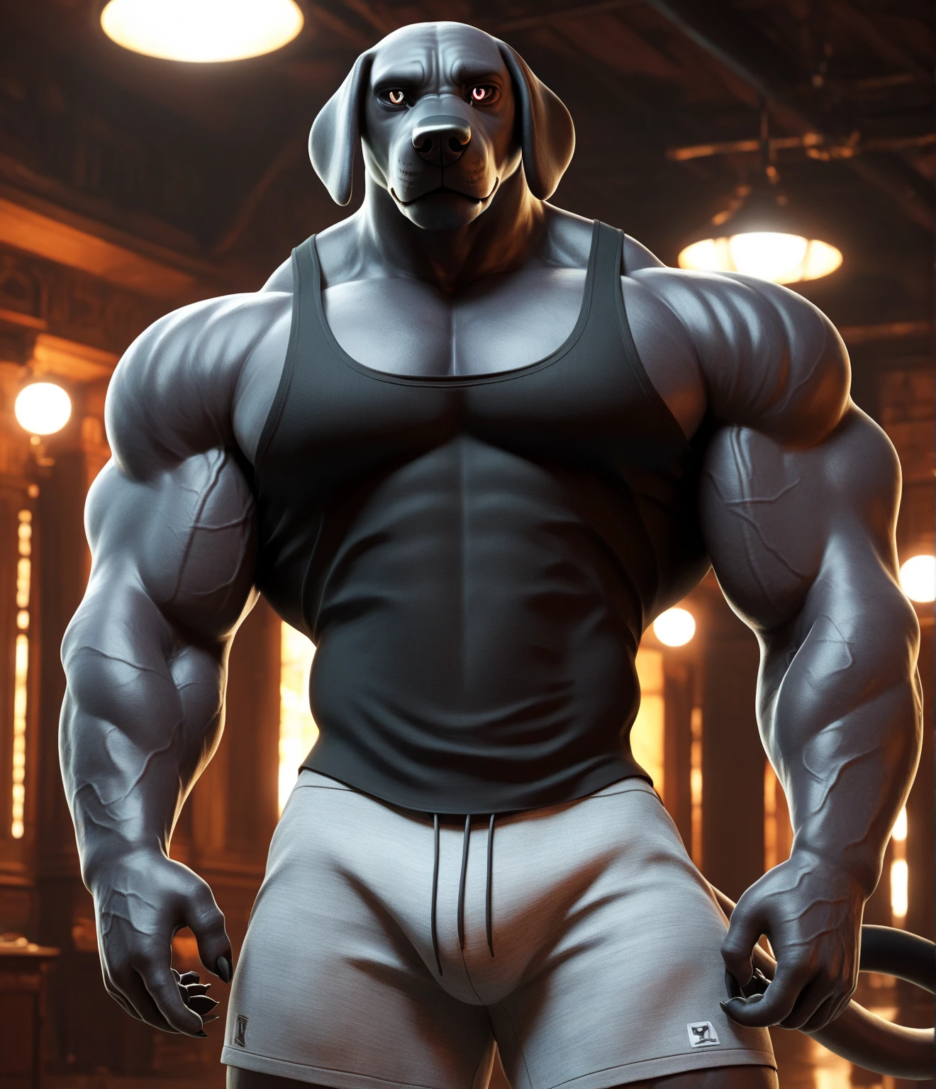 (tall) (muscular) (bulldog:1.1), (white T-shirt), (chain), (dumbbell), (right hand), (detailed eyes), (detailed lips), (strong pose), [background:0.9], (best quality:1.2), (ultra-detailed), (realistic:1.37), [HDR], [studio lighting], (vivid colors), [bokeh], (portraits), (strong contrast), (warm color tone), (soft lighting)