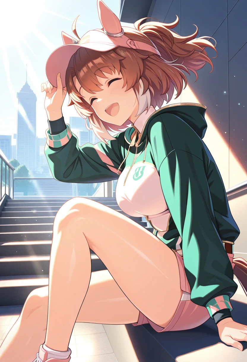 big breasts, brown hair, brown eyes, Wave Shorthair, bangs, blush,  bright, pink hoodie, cute hat, Frolic happily, smile, starry sky, rural scenery, black pleated mini skirt, Pink and white striped thigh-high socks, thick legs, Cute Bag, Cute running shoes, selfie,