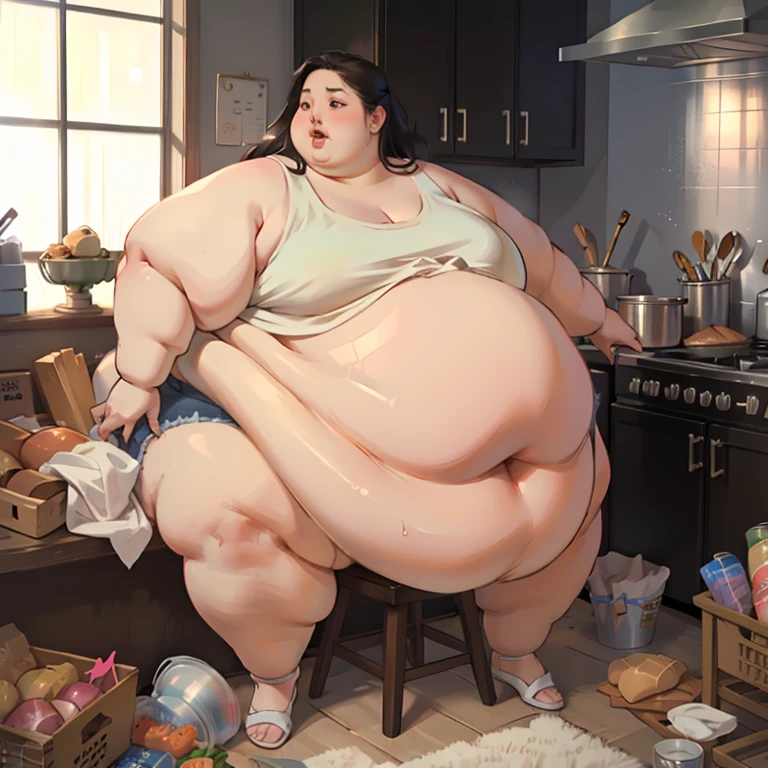Fat woman, saggy big boobs, saggy belly, eating junk food,tight dress, large ass, 1girl,  fat shoulders, auburn long hair, masterpiece, best quality, shoes, full body, posing for a picture, beautifully color-coded, socks, scrunchbutt leggings white background, studio, looking away, covered by hood