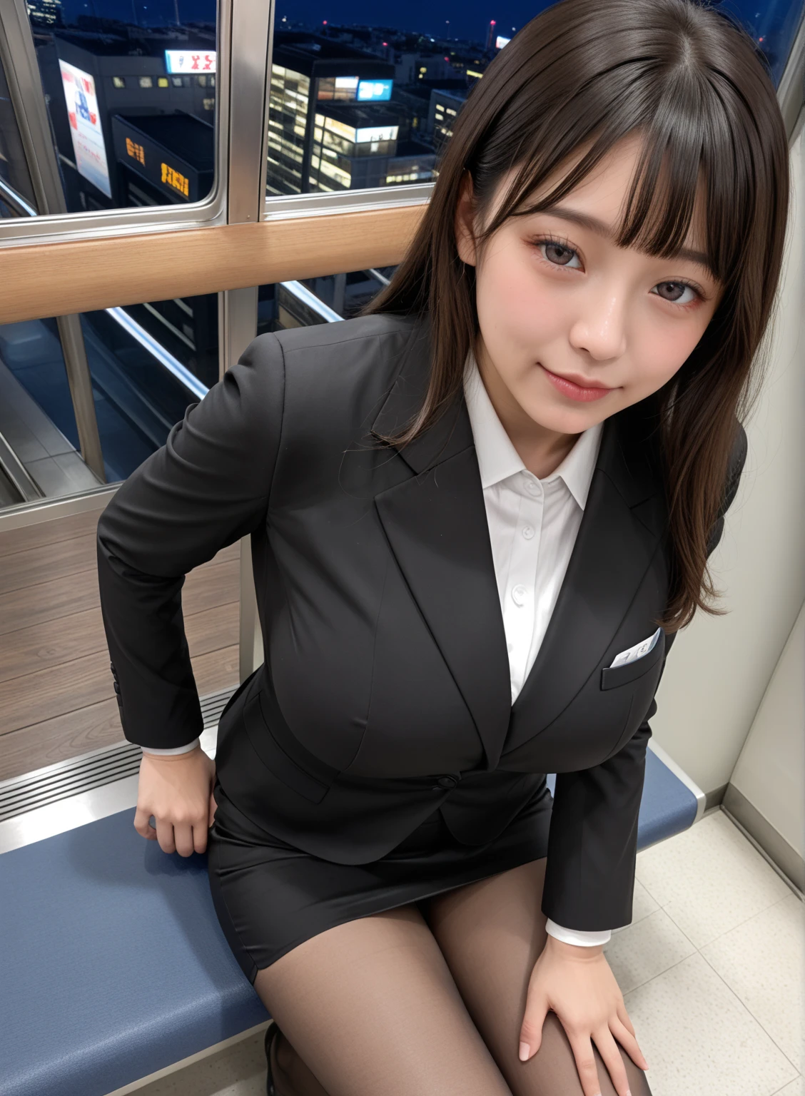 score_9, score_8_up, score_7_up, uncensored, realistic, in train, tokyo, (at night:1.2), (from above:1.3),
1girl, cute, japanese, black hair, long hair, bangs, half closed eyes, closed mouth, naughty face, (gigantic breasts),
(business suit:1.2), office_uniform, (black suit:1.3), white shirt, pencilskirt, pantyhose, (microskirt:1.2),
sitting on train long seat,