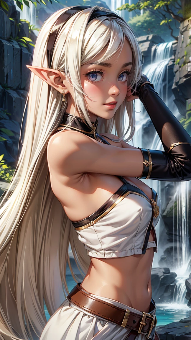 anime (mato seihei no slave), female young , sexy (very big tits), actress (Jouryuu), tall dark skin , long White hair, black eyebrows that are cut rather short, A pair of antler-like horns sat atop her head, A pair of elongated ears, black markings that cover her stomach, She bathed at the waterfall of the gods.