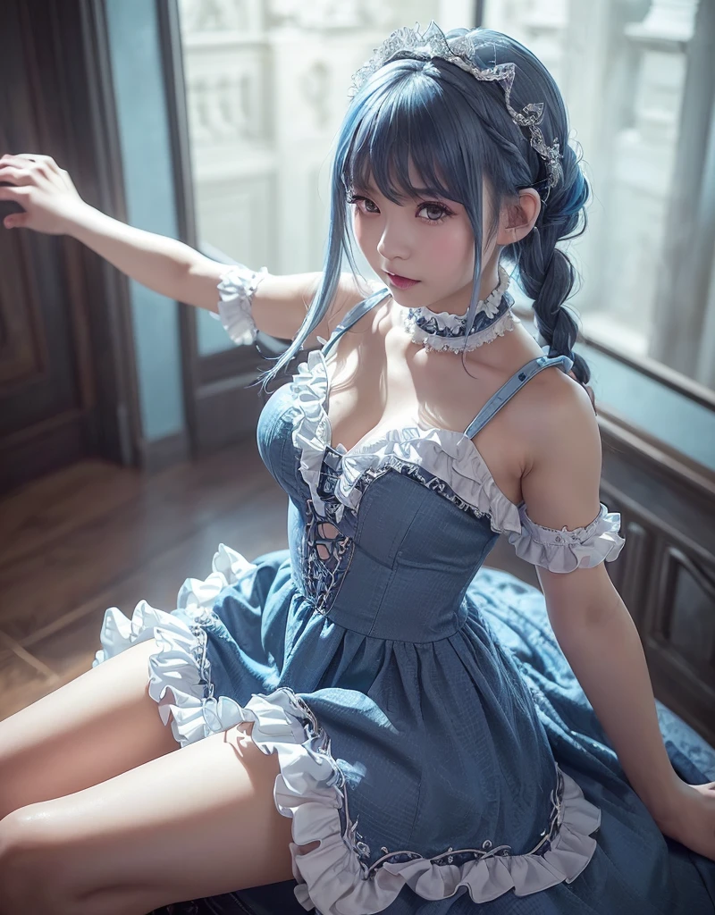 (Close-up:1.4)、(RAW shooting:1.2)、(photorealistic:1.4)、(masterpiece:1.3)、(highest quality:1.4)、solo、7 head and body、(slender and beautiful girl)、cute、(beautiful detailed eyes)、(charming big eyes)、(beautiful double eyelids)、(beautiful and detailed face)、(gentle smile:1.2)、(big breasts:1.2)、(cleavage)、(erect nipples:1.2)、(full body shot)、8K、(muste piece:1.2)、(pale blue hair、short bob:1.3)、(Bangs Patsun)、(headdress、white blouse、black ribbon、ruffle skirt、puff sleeves、collar、choker、white apron with fine frills:1.3)、white knee high socks、black maid costume、(Sexy model pose with chest sticking out:1.3)、cowboy shot、view audience、(small butt)、(small beautiful hands)、(beautiful thighs)、cute系、(perfect anatomy:1.2)、ancient city、