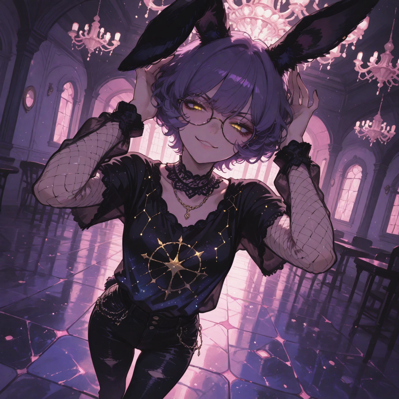 1 girl, narrow hips, flat breasts, purple skin, bunny suit, glasses, succubus, 