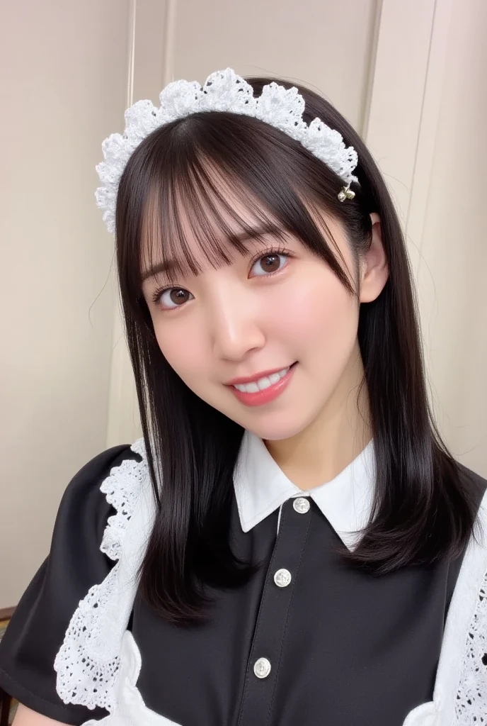 (28 years old,Beautiful Japanese,Round face、Seems kind、Iris、 ,(Black Hair),(Medium Long Hair),high quality、masterpiece:1.2,(Genuine、photo Genuine:1.4),break,blouse,Have a box,Overjoyed,Open your mouth